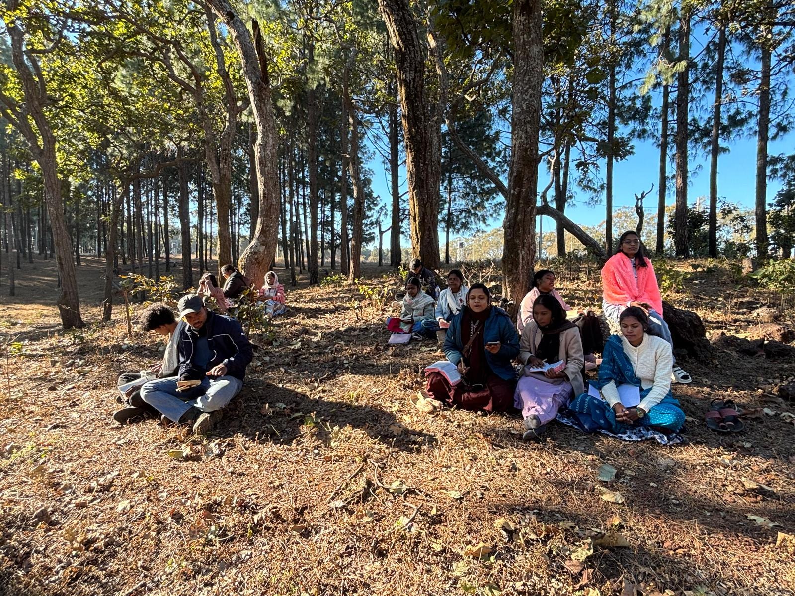 Group gathered in a forest setting
